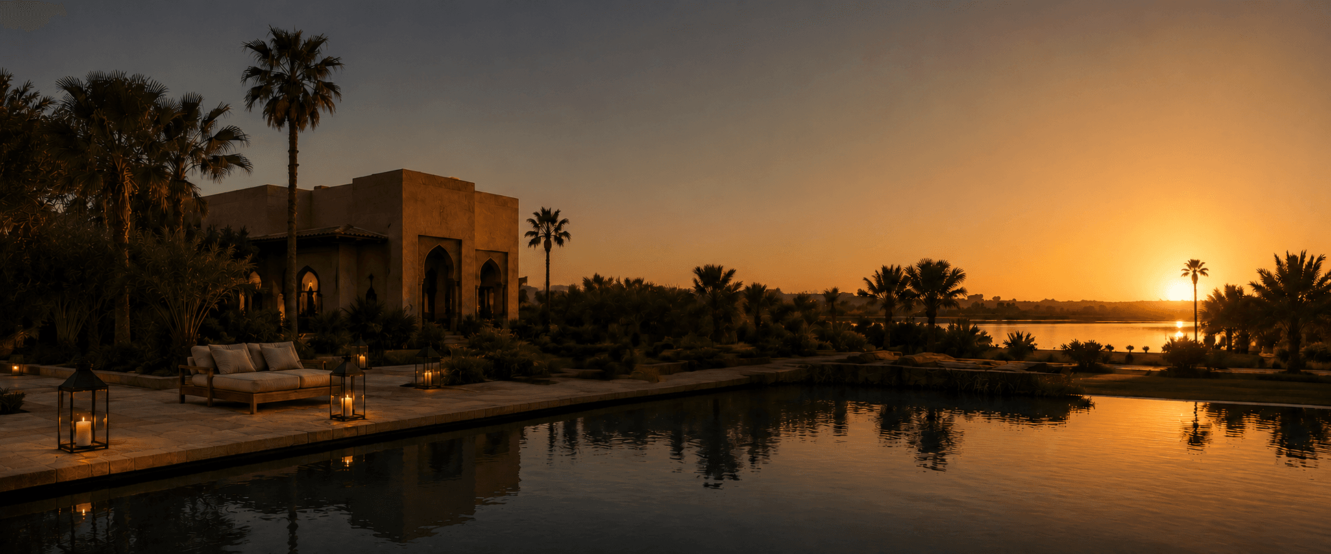 Villa de luxe à Marrakech — terrasse avec piscine au coucher du soleil